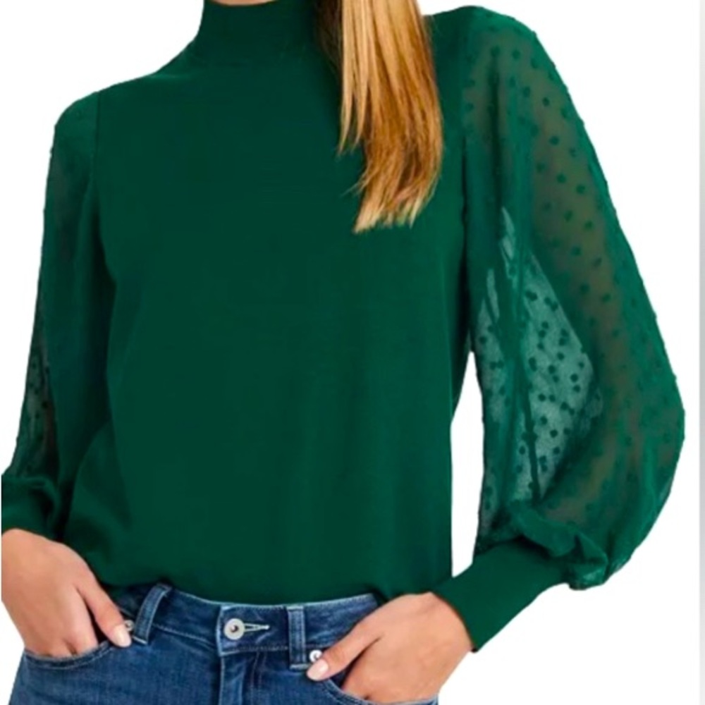 CeCe Sweater with Swiss dot sleeves with ribbed cuffs, beautiful green, S